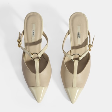  Kadın Bej Halka Aksesuarlı Deri Abiye Topuklu Terlik