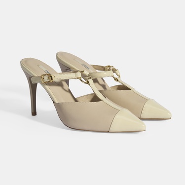  Kadın Bej Halka Aksesuarlı Deri Abiye Topuklu Terlik