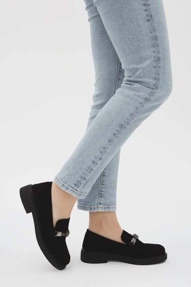  Tamer Tanca Kadın Vegan Siyah Süet Loafer Ayakkabı