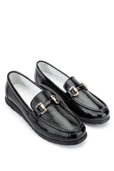  Tamer Tanca Kadın Hakiki Deri Siyah Rugan Loafer Ayakkabı