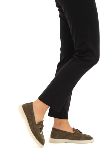  Tamer Tanca Kadın Hakiki Deri Haki Süet Loafer Ayakkabı