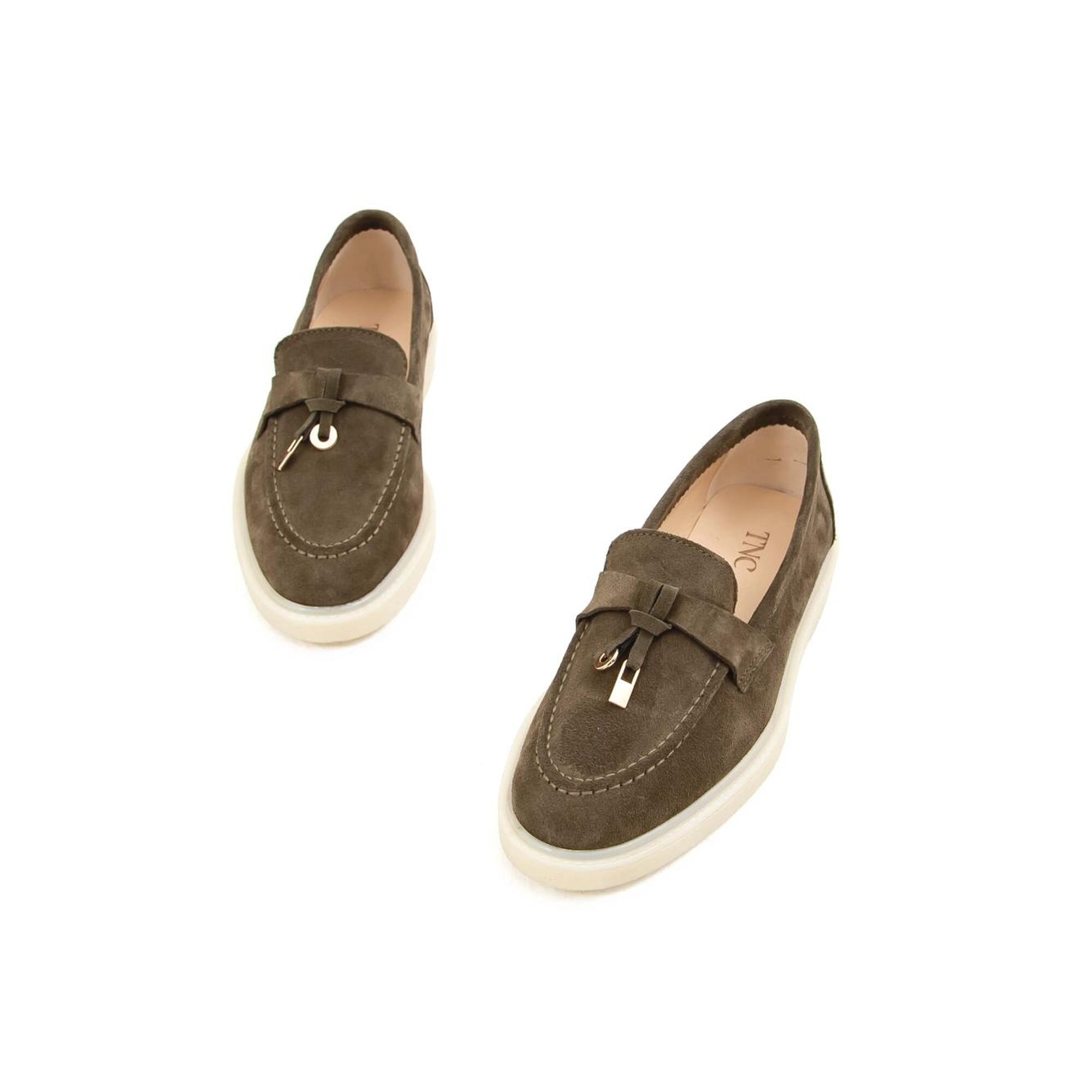 Tamer Tanca Kadın Hakiki Deri Haki Süet Loafer Ayakkabı