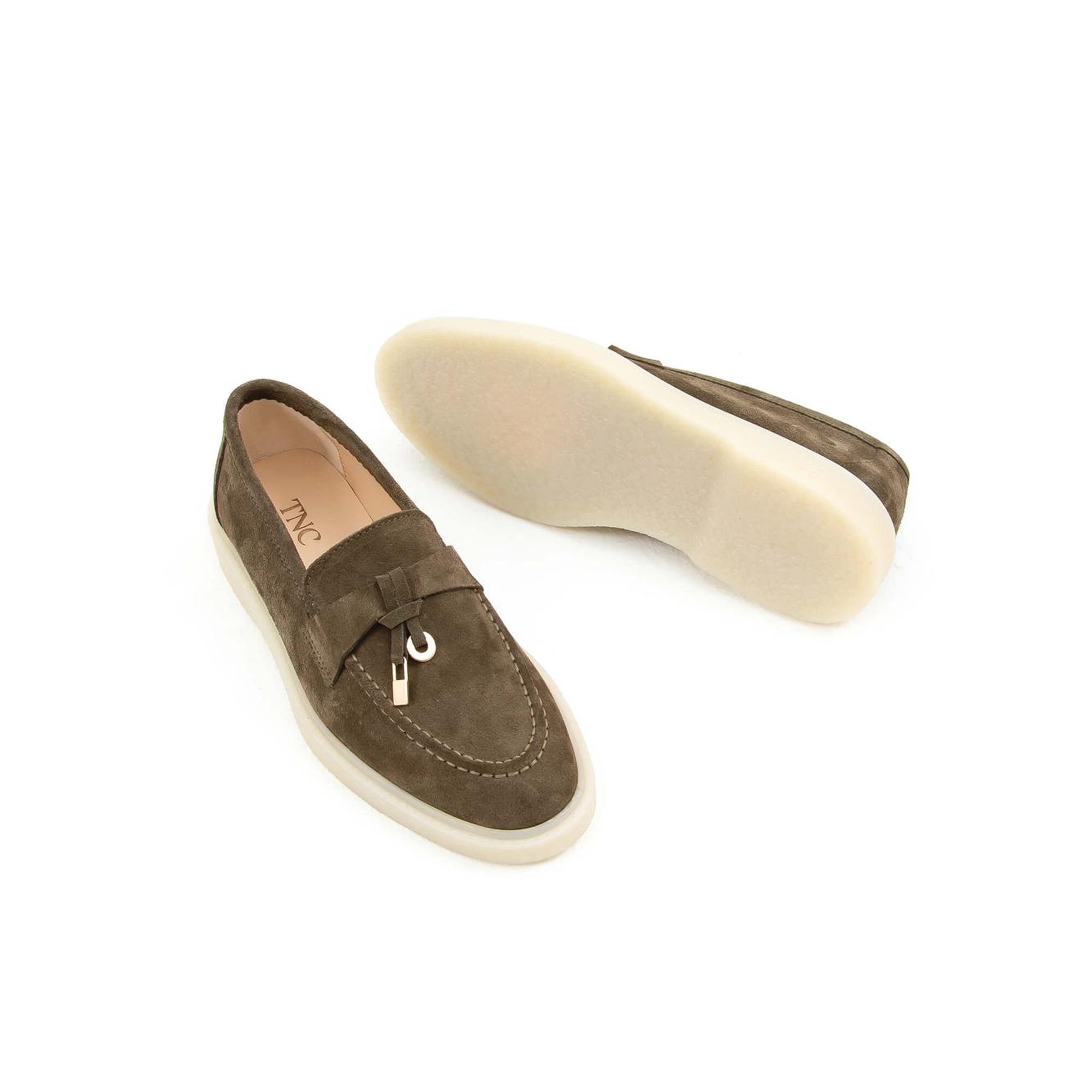 Tamer Tanca Kadın Hakiki Deri Haki Süet Loafer Ayakkabı