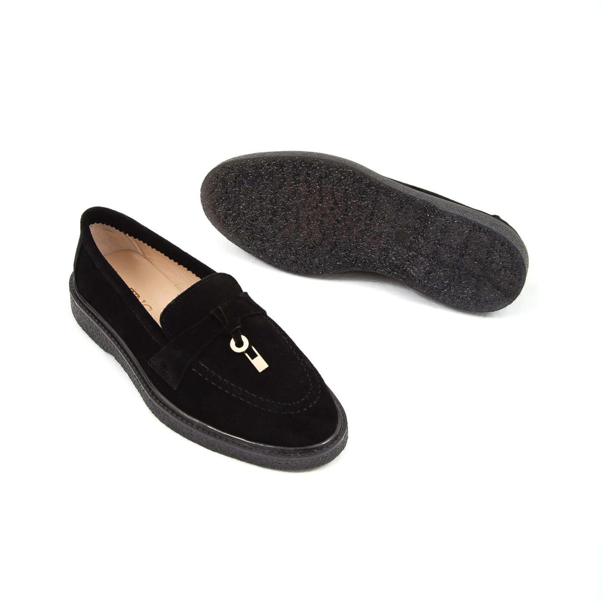 Tamer Tanca Kadın Hakiki Deri Siyah Süet Loafer Ayakkabı