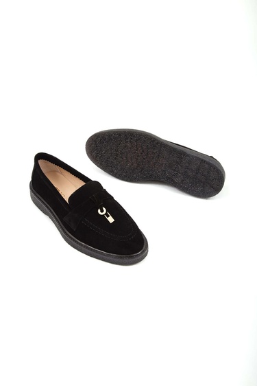  Tamer Tanca Kadın Hakiki Deri Siyah Süet Loafer Ayakkabı