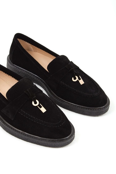 Tamer Tanca Kadın Hakiki Deri Siyah Süet Loafer Ayakkabı