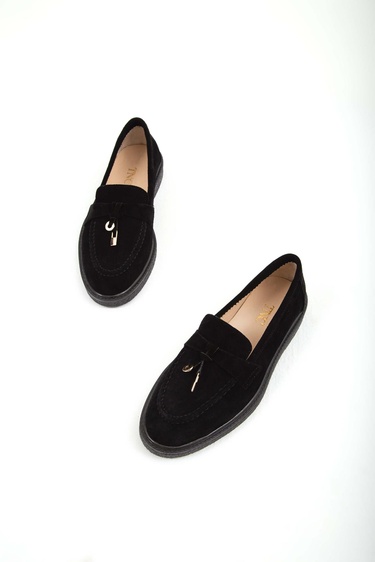  Tamer Tanca Kadın Hakiki Deri Siyah Süet Loafer Ayakkabı