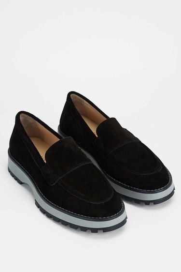  Tamer Tanca Kadın Hakiki Deri Siyah Süet Loafer Ayakkabı