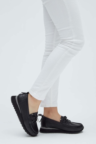  Tamer Tanca Kadın Hakiki Deri Siyah Loafer Ayakkabı