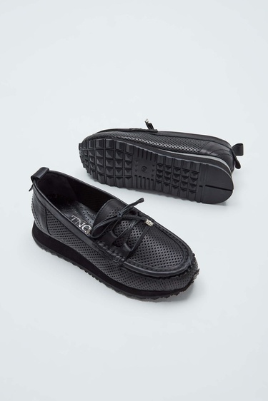  Tamer Tanca Kadın Hakiki Deri Siyah Loafer Ayakkabı