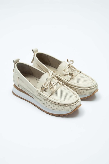  Tamer Tanca Kadın Hakiki Deri Bej Loafer Ayakkabı