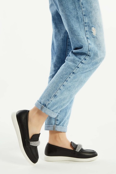  Tamer Tanca Kadın Hakiki Deri Siyah Deri Loafer Ayakkabı