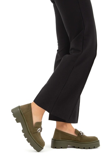  Tamer Tanca Kadın Vegan Haki Süet Loafer Ayakkabı