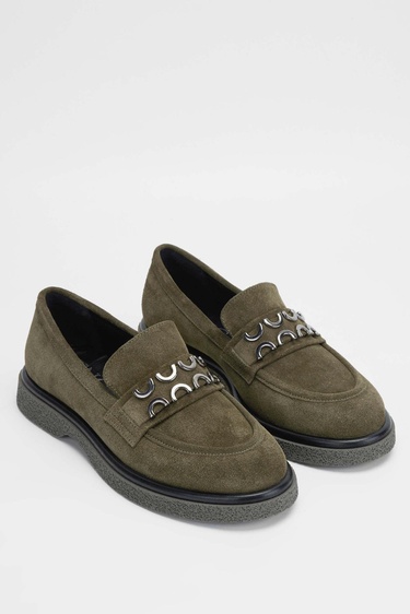  Tamer Tanca Kadın Hakiki Deri Haki Süet Loafer Ayakkabı