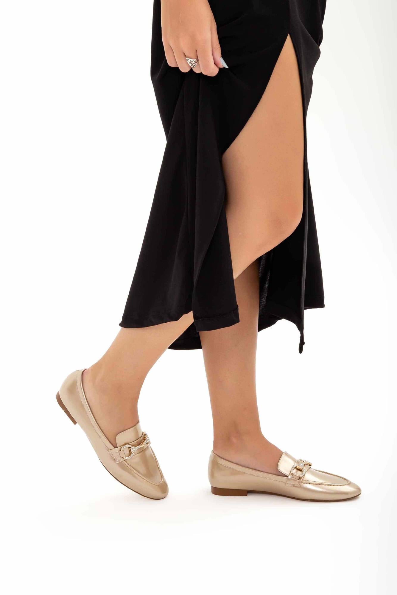  Tamer Tanca Kadın Vegan Altın Rugan Loafer Ayakkabı