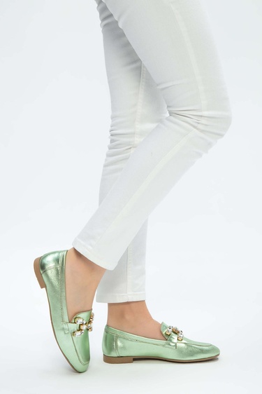  Tamer Tanca Kadın Hakiki Deri Yeşil Loafer Ayakkabı