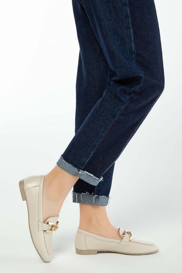  Tamer Tanca Kadın Hakiki Deri Bej Loafer Ayakkabı