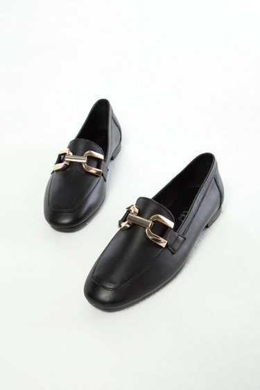  Tamer Tanca Kadın Hakiki Deri Siyah Deri Loafer Ayakkabı