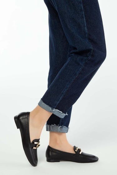  Tamer Tanca Kadın Hakiki Deri Siyah Deri Loafer Ayakkabı