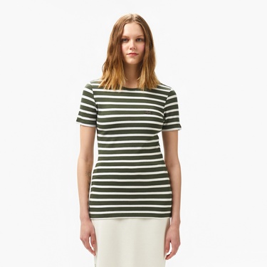  Kadın Slim Fit Bisiklet Yaka Çizgili Koyu Yeşil T-Shirt