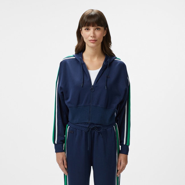  Lacoste Kadın Crop Fit Fermuarlı Renk Bloklu Lacivert Sweatshirt