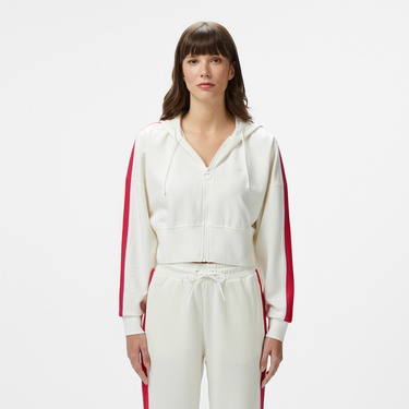  Lacoste Kadın Crop Fit Fermuarlı Renk Bloklu Beyaz Sweatshirt