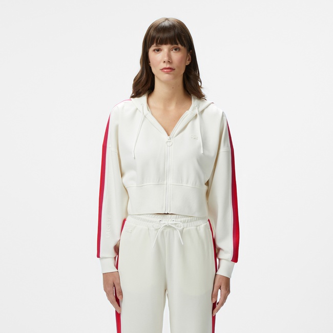  Lacoste Kadın Crop Fit Fermuarlı Renk Bloklu Beyaz Sweatshirt