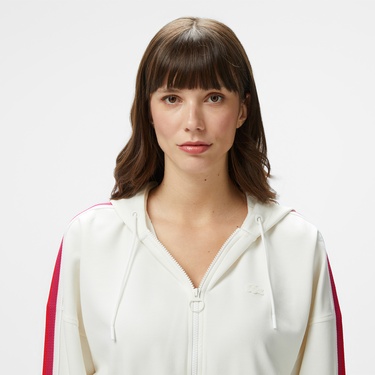  Lacoste Kadın Crop Fit Fermuarlı Renk Bloklu Beyaz Sweatshirt