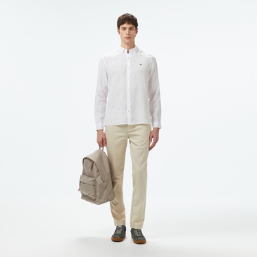  Lacoste Erkek Regular Fit Düğmeli Yaka Keten Beyaz Gömlek