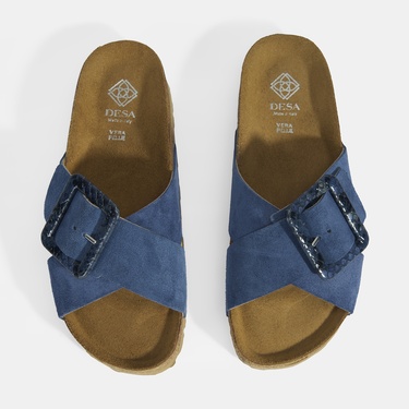  Kadın Mavi Ayarlanabilir Toka Detaylı Süet Terlik