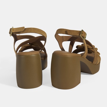  Kadın Taba Ayarlanabilir Tokalı Süet Topuklu Sandalet