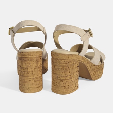  Kadın Bej Ayarlanabilir Tokalı Topuklu Süet Sandalet