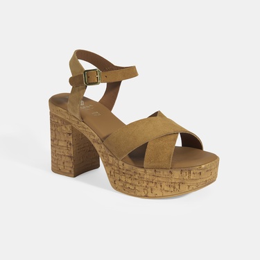  Kadın Taba Ayarlanabilir Tokalı Topuklu Süet Sandalet