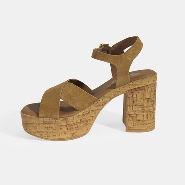  Kadın Taba Ayarlanabilir Tokalı Topuklu Süet Sandalet