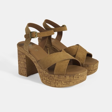  Kadın Taba Ayarlanabilir Tokalı Topuklu Süet Sandalet