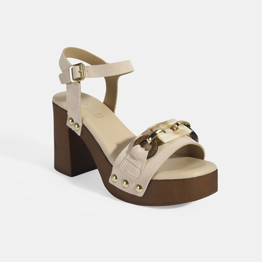 Kadın Bej Aksesuar Detaylı Ayarlanabilir Tokalı Süet Topuklu Sandalet