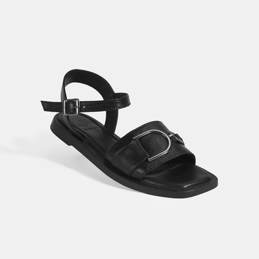  Siyah Kadın Metal Aksesuarlı Ayarlanabilir Tokalı Deri Sandalet