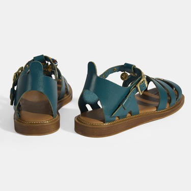  Kadın Yeşil Aksesuar Detaylı Ayarlanabilir Tokalı Deri Sandalet