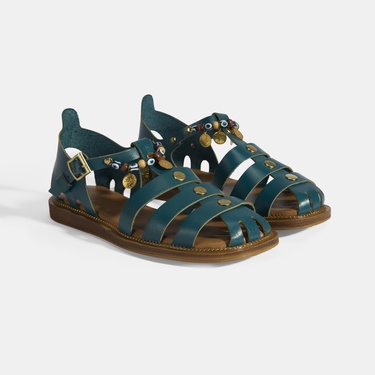  Kadın Yeşil Aksesuar Detaylı Ayarlanabilir Tokalı Deri Sandalet