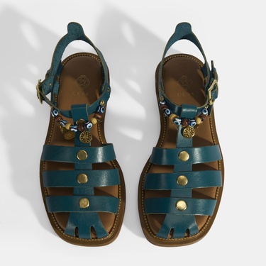  Kadın Yeşil Aksesuar Detaylı Ayarlanabilir Tokalı Deri Sandalet