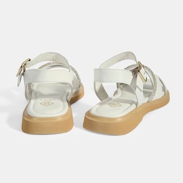  Kadın Beyaz Ayarlanabilir Tokalı Taş Detaylı Deri Sandalet