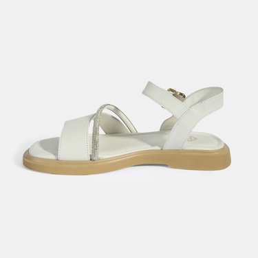  Kadın Beyaz Ayarlanabilir Tokalı Taş Detaylı Deri Sandalet