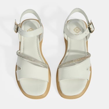  Kadın Beyaz Ayarlanabilir Tokalı Taş Detaylı Deri Sandalet