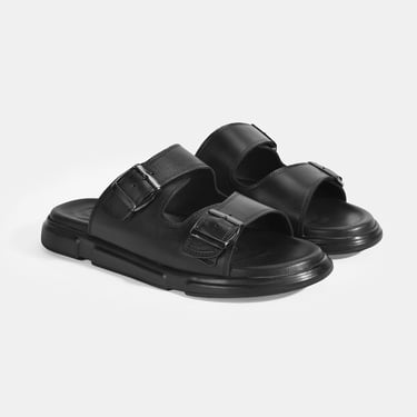  Erkek Siyah Ayarlanabilir Tokalı Deri Terlik