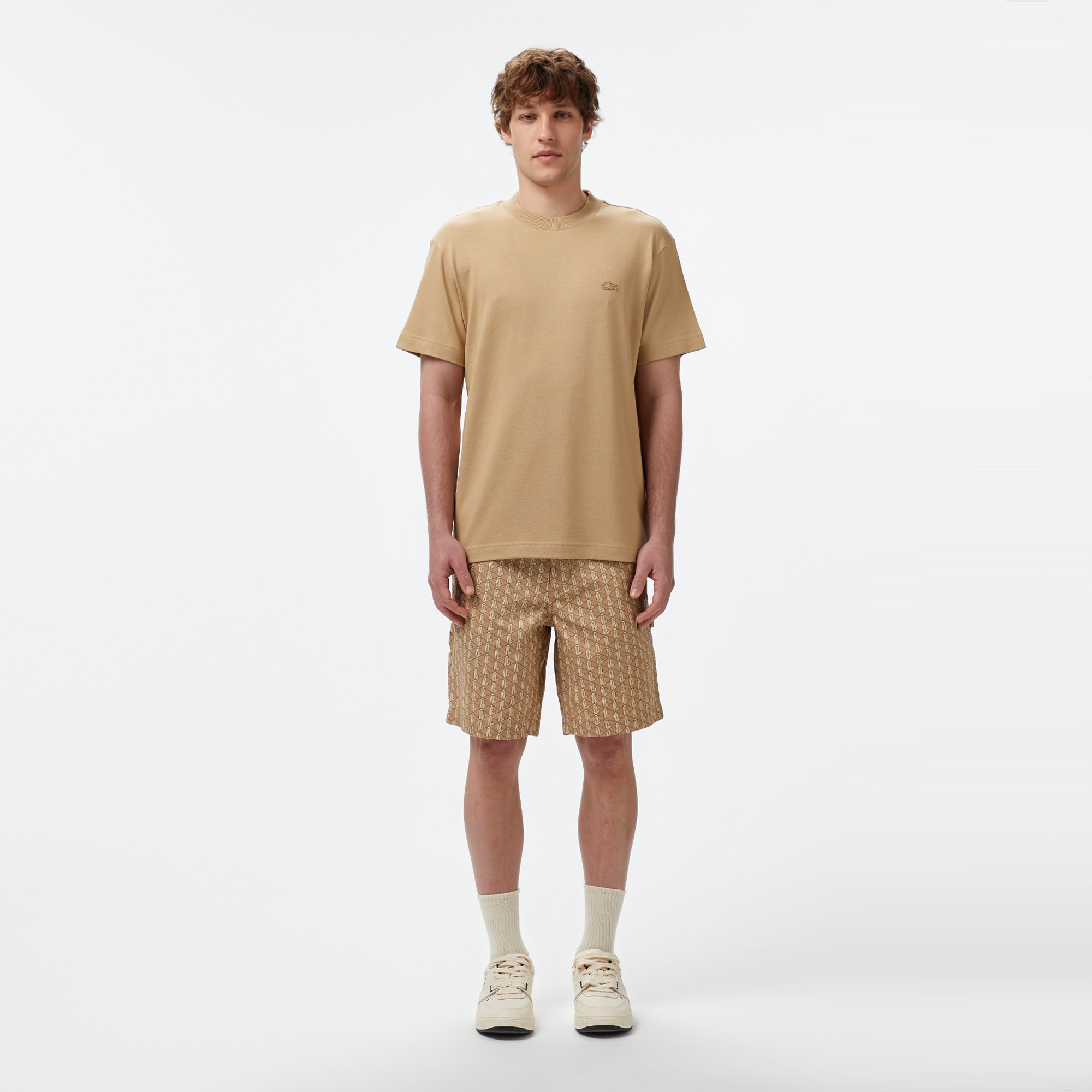 Erkek Loose Fit Monogram Bej Bermuda Şort