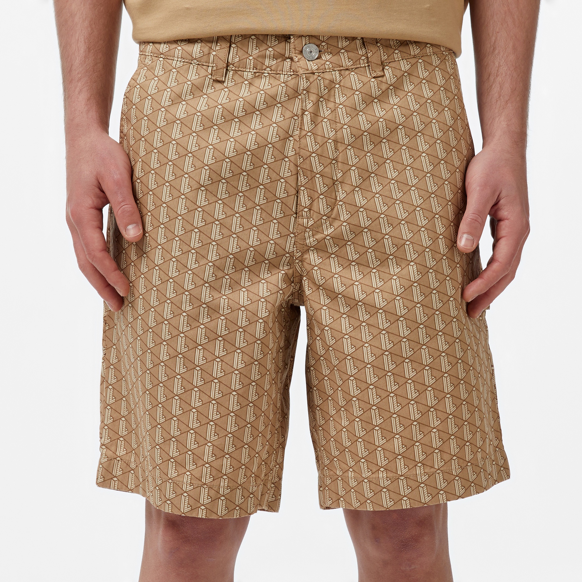 Erkek Loose Fit Monogram Bej Bermuda Şort