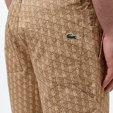  Erkek Loose Fit Monogram Bej Bermuda Şort