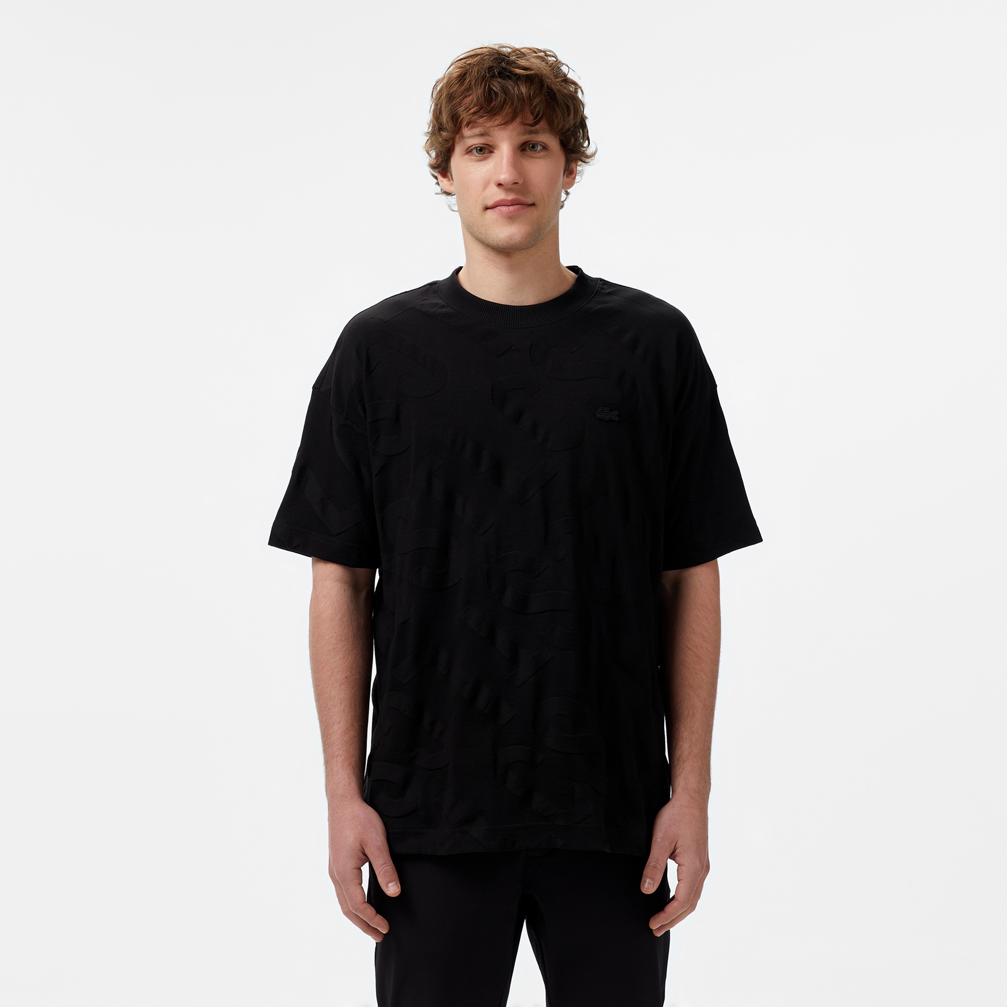 Lacoste Erkek Bisiklet Yaka Desenli Siyah T-Shirt