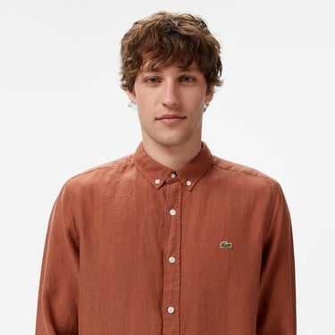  Lacoste Erkek Regular Fit Düğmeli Yaka Keten Kahverengi Gömlek