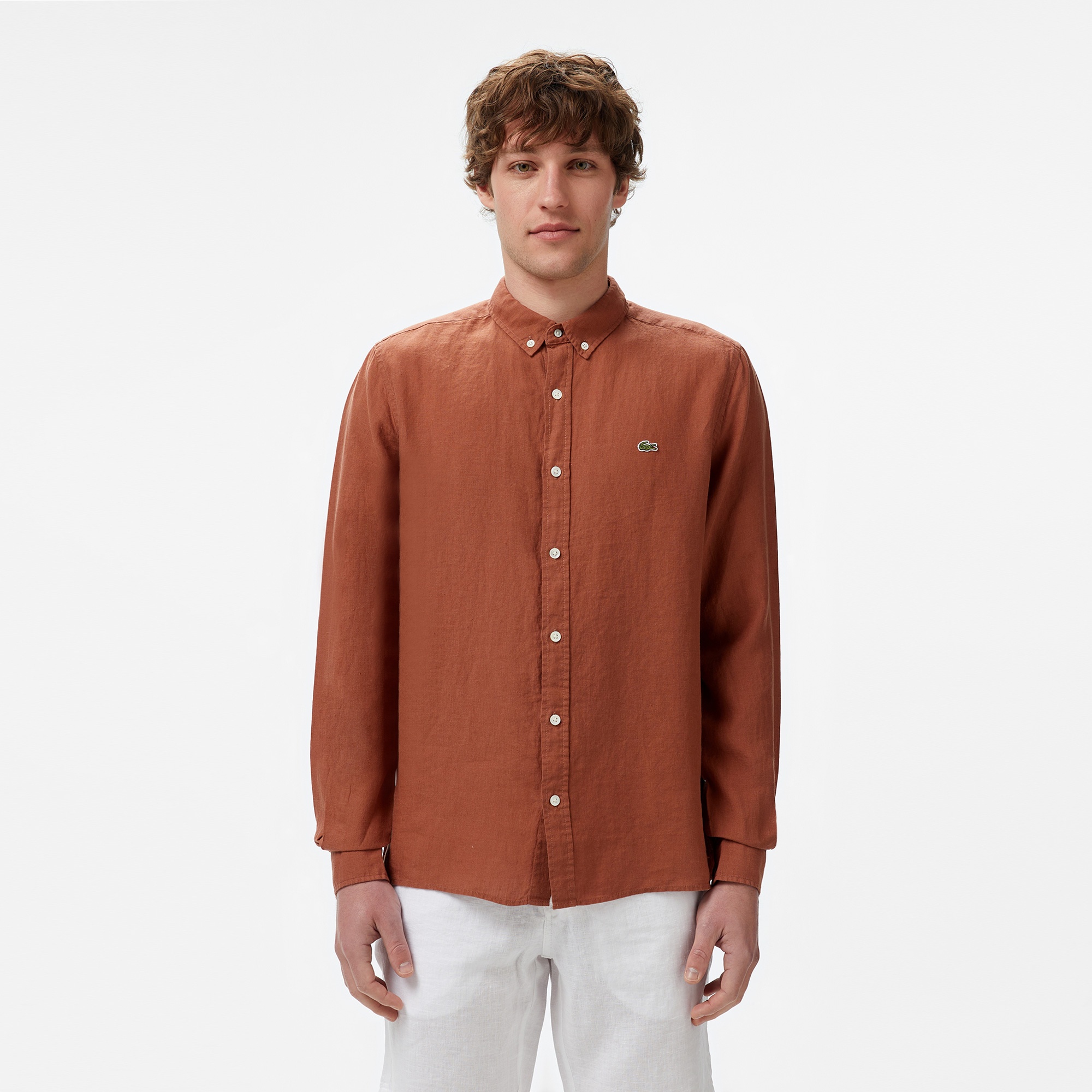 Lacoste Erkek Regular Fit Düğmeli Yaka Keten Kahverengi Gömlek